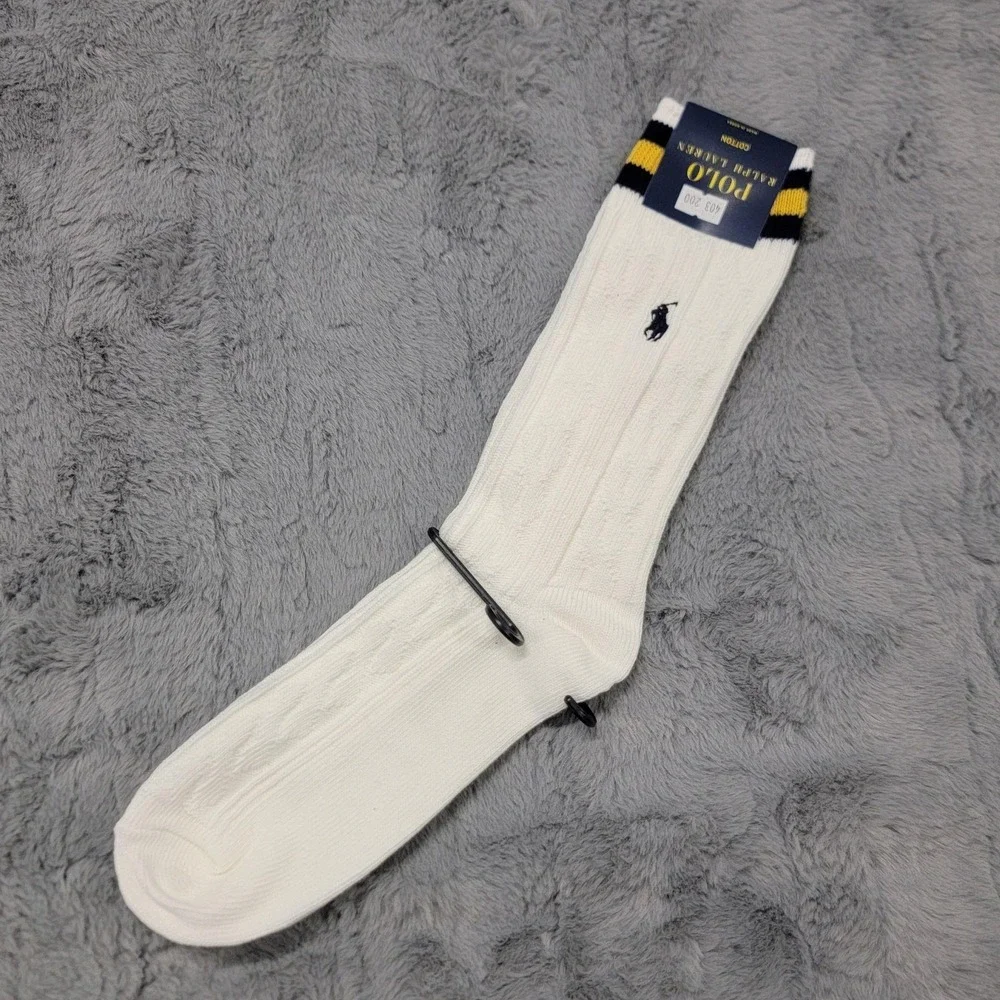 Polo Ralph Lauren Socks Mens 10-13 White Cable Knit Crew Stripe Pony Mid Calf